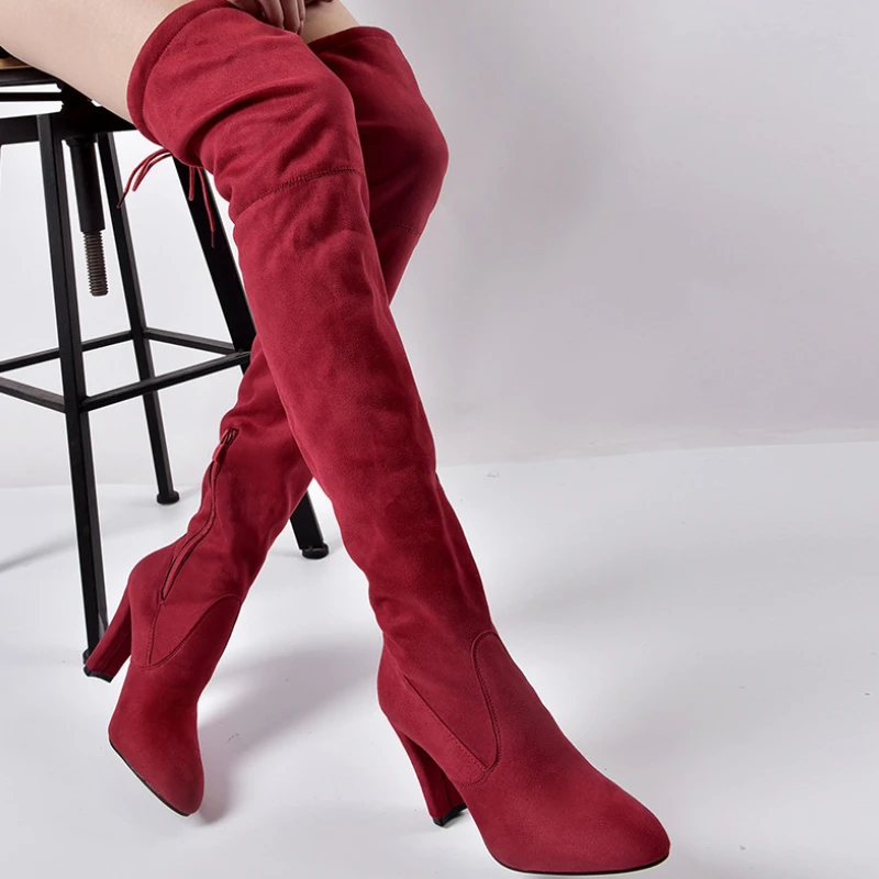 

Fashion Thigh High Boots Women Pointed Toe Side Zipper High Heels Solid Color Plus Size Elastic Boots Bota Feminina Cano Longo
