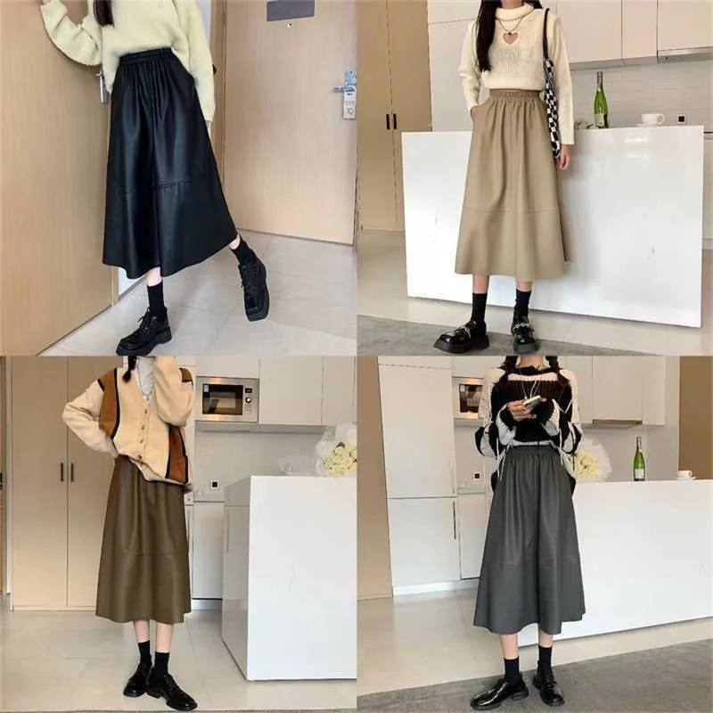 Brown Gray Slim High Waist PU Pleated Skirts Women 2022 New Autumn Winter Fashion Midi Long All-match Skirt Jupe Longue