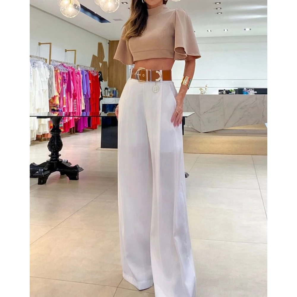 Women Summer Fashion O-neck Flying Sleeve Cisscross Backless Short Top & Wide Leg Pant Sets Casual Two Pieces Set Hip Hop Sets
