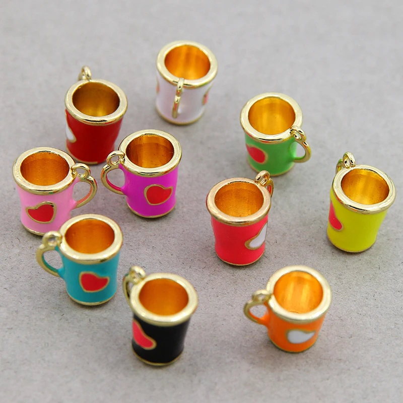 6Pcs Custom Enamel Tea Cup Pendant Necklace Art Coffee Cup Charm Design Jewelry Handmade Metal Charms Decoration For Gift images - 6