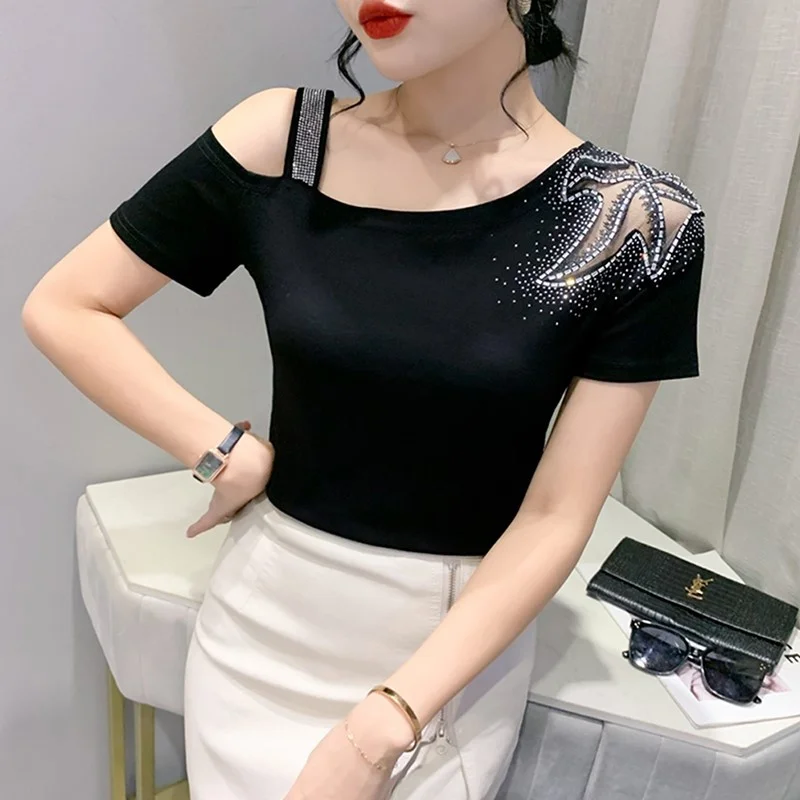 

#6809 черная красная футболка на одно плечо, женская сексуальная хлопковая Сетчатая футболка с косым воротником и стразами, женская футболка, ...