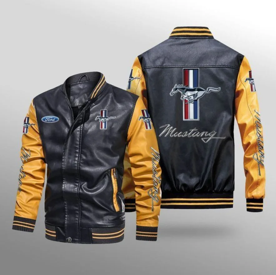 

Ford Mustang Logo Motorcycle PU Leather Jacket Men's Baseball Bomber Coat Unisex Men's Oversize Varsity Vintage