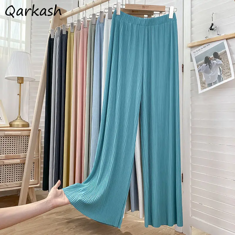 

3XL Casual Pants Women Ankle-length Summer Breathable Pleated Loose Elastic Waist Popular Simple Candy Colors Leisure Lazy Thin