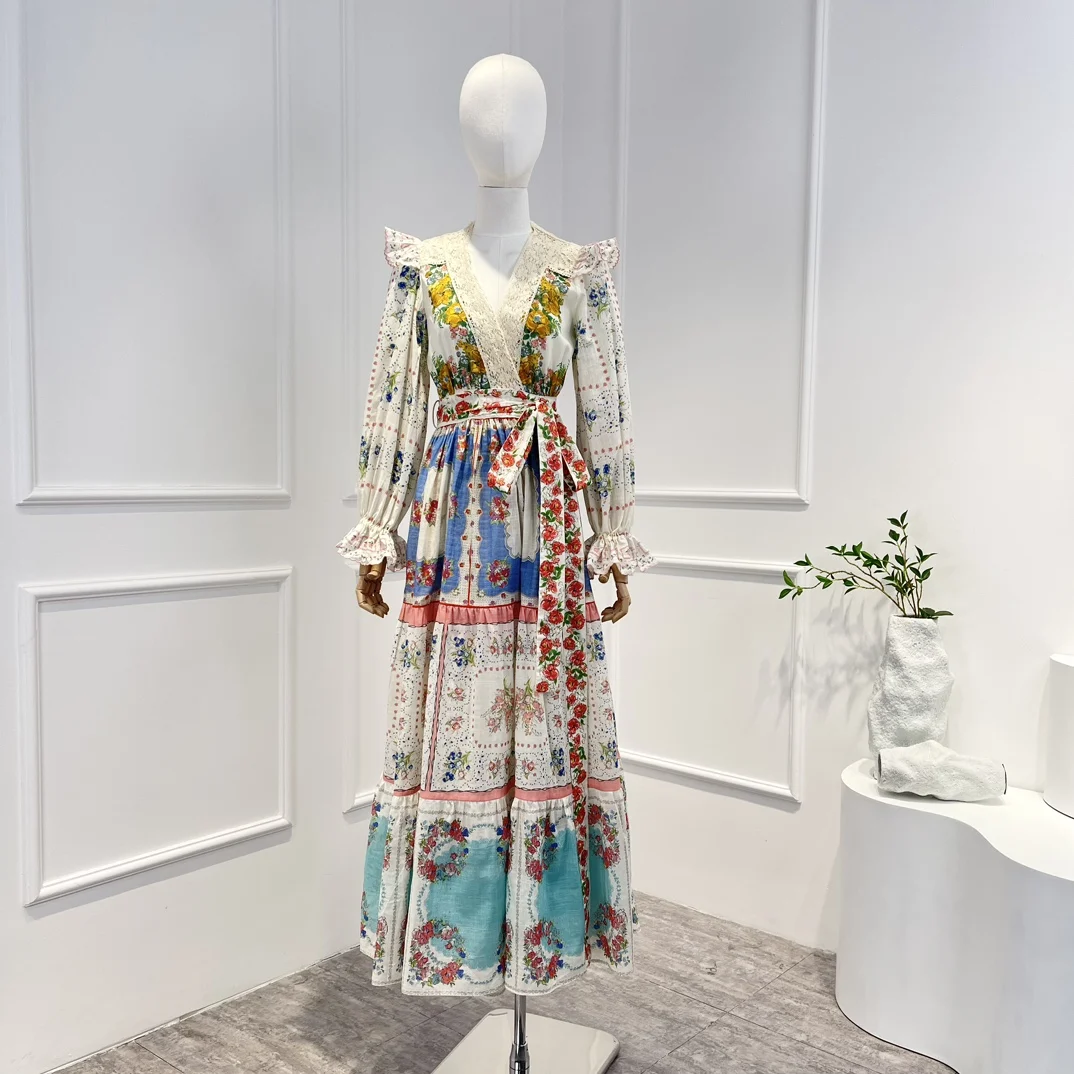 

New Arrival 2023 Summer High Quality Floral Print Beige Embroidery Wrap Waist Belt Long Sleeve Long Dresses Women