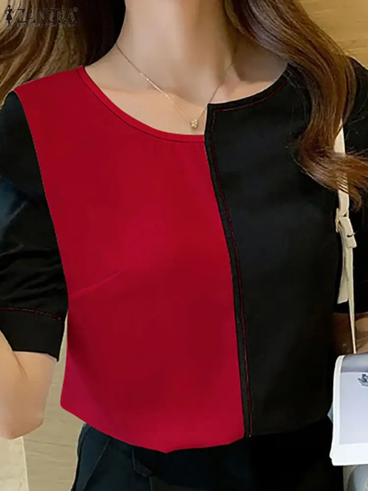 

2023 ZANZEA Fashion Office OL Blouse Summer Woman Elegant Patchwork Blusas Femme Short Sleeve O Neck Tunic Tops Holiday Shirt