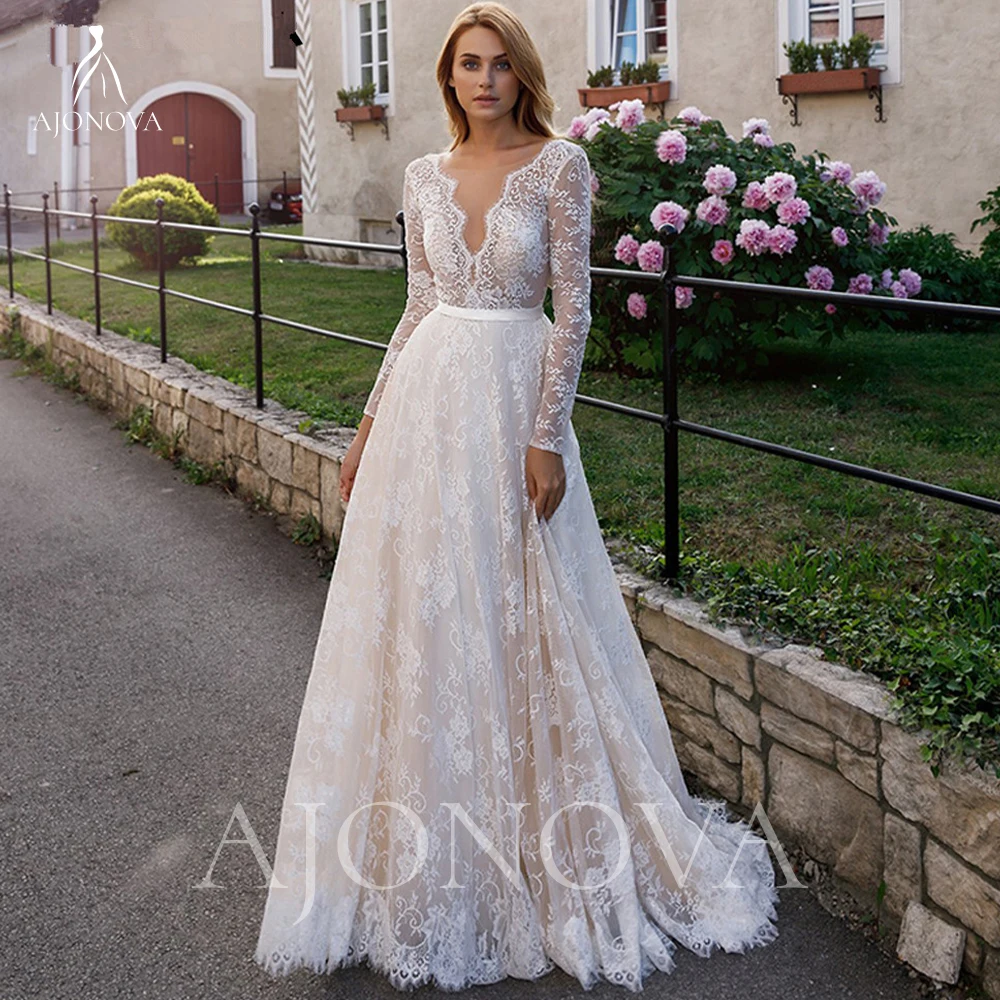 

Кружевные свадебные платья цвета шампань с V-образным вырезом, свадебные платья для невесты для церкви, белое платье с длинным рукавом, женское роскошное женское платье