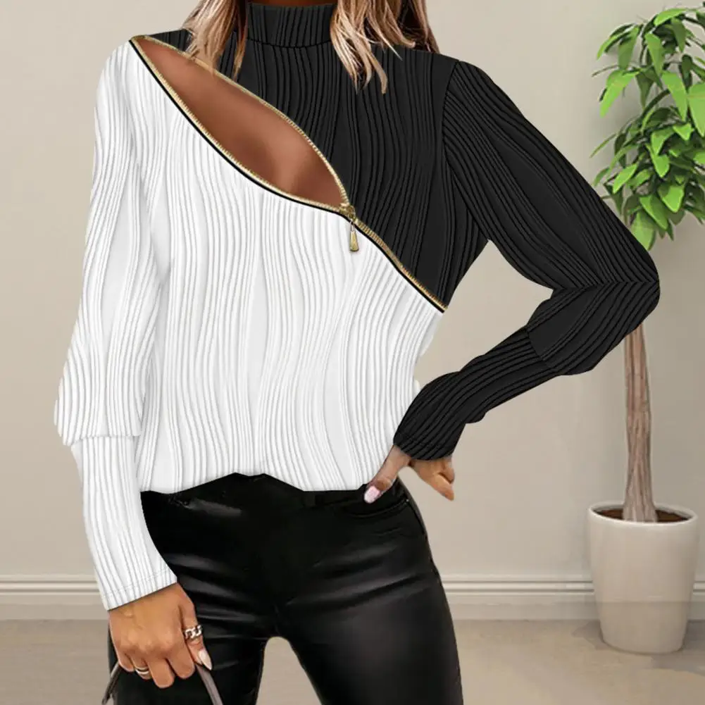 

Women Top Hollow Water Wave Texture Blouse Stylish Zipper Decor Soft Long Sleeve Casual Lady Top Colorblock Women Top