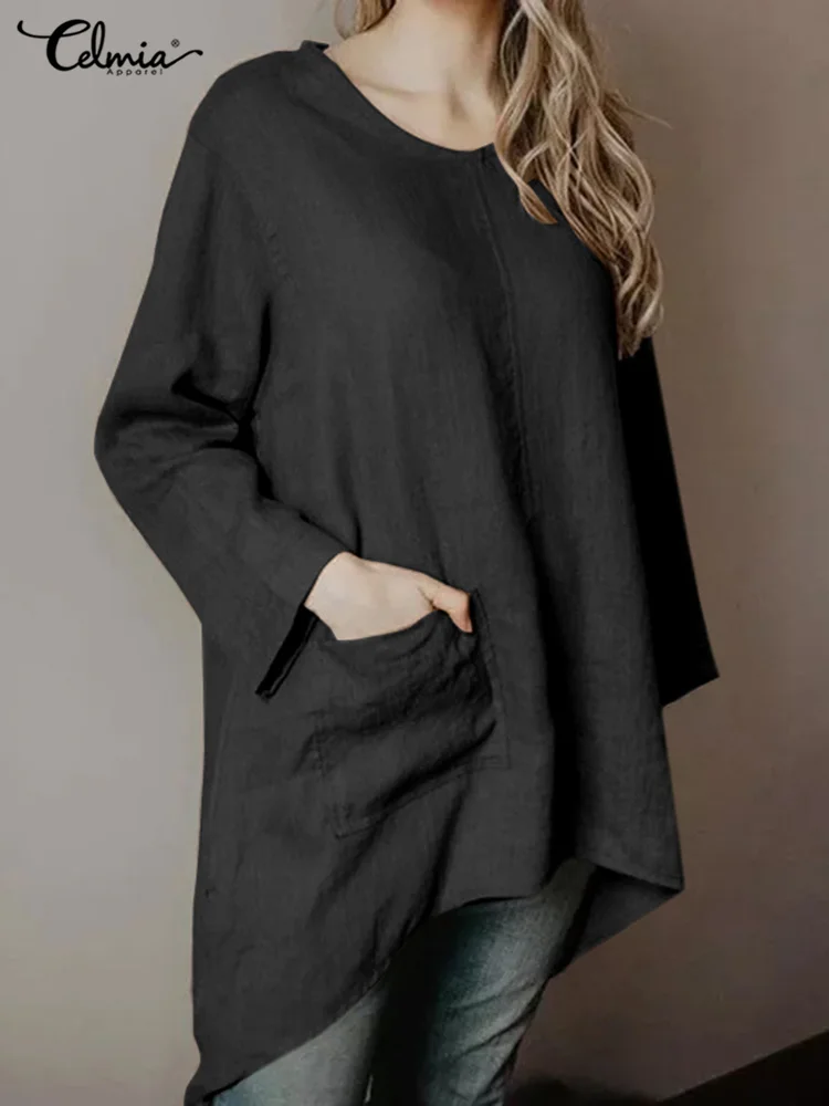 

Celmia Asymmetrical Women Shirt Fashion Long Sleeve Loose Solid Tunic Tops Casual Vintage 2022 Spring Pockets Blusas Blouses