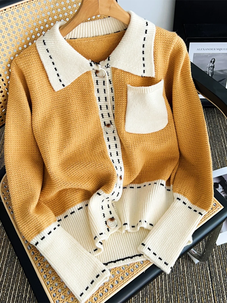 

Women Autumn Winter 2022 Contrast Color Patchwork Knitwear Long Sleeve Lapel Vintage Knit Cardigan Sweater Single Breasted Chic