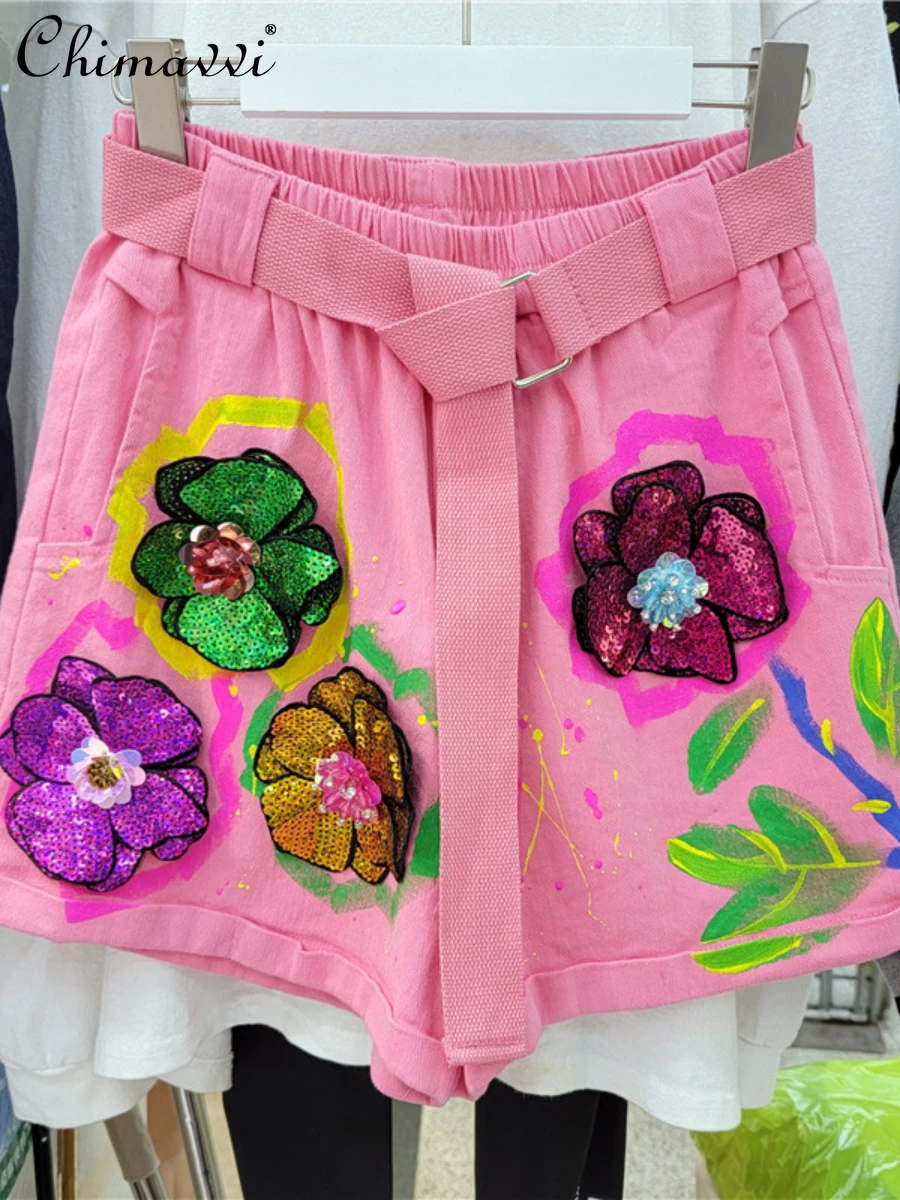 

Женские джинсовые шорты с высокой талией, элегантные джинсовые шорты с широкими штанинами, Украшенные бусинами и блестками, в европейском с...