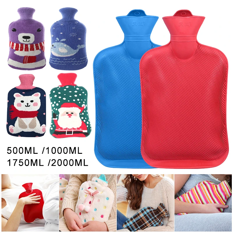 

2000/1750/1000/500ML Hot Water Bottle Thick Water Injection Rubber Knitted Hot Water Bag Winter Feet Hand Warmer Bouillotte Warm