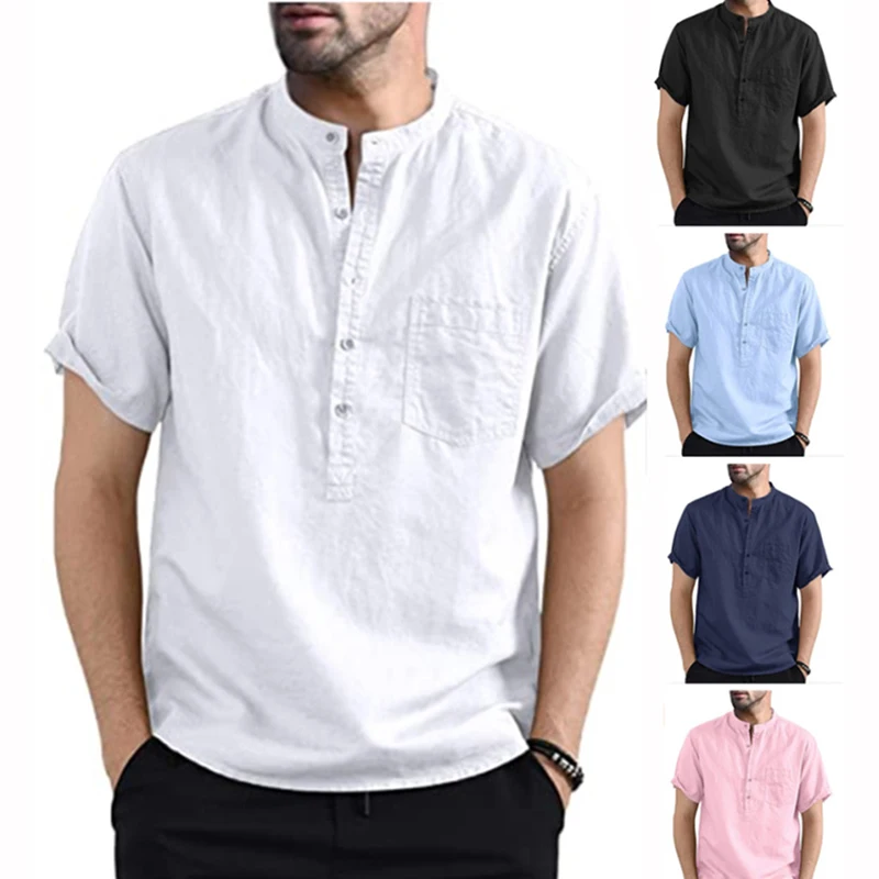 

Button Collar Shirt Men's Summer Clothes Henry Collar Solid Color Pocket Design Short Sleeve Loose Shirt Male Clothin Shirt