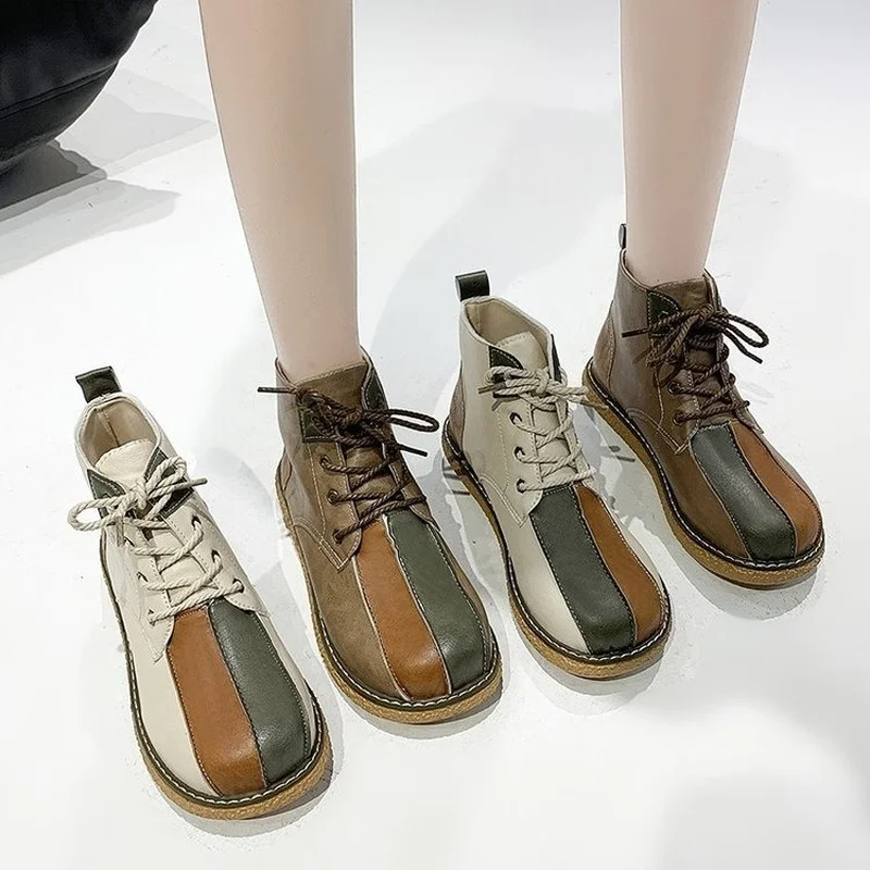 

Women Ankle Boots New 2022 Retro Leather Splicing Women's Shoes Vintage Autumn Lace Up Casual Flat Short Boots Botas De Mujer