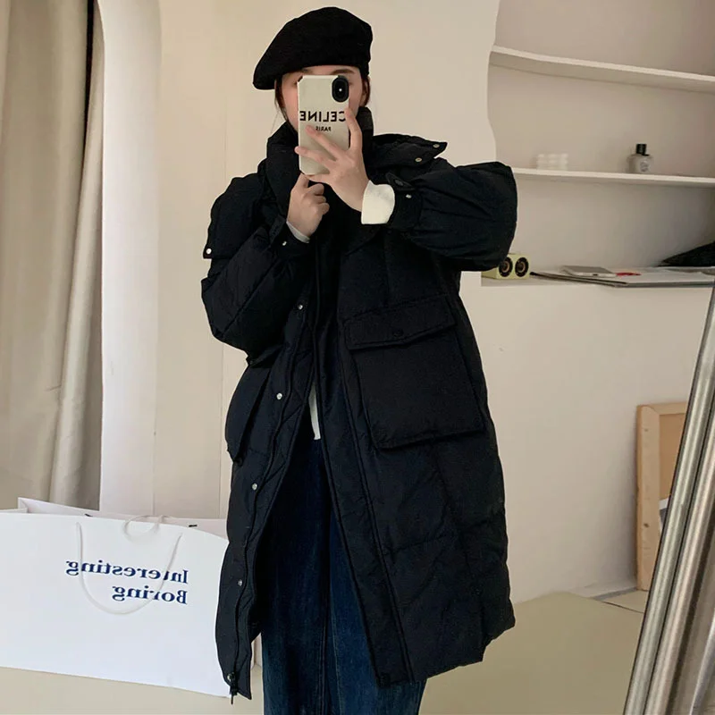 Down Jacket Women's Winter New Medium-length Section Candy Colour Large Pockets Thickened White Duck Down Hooded Jacket