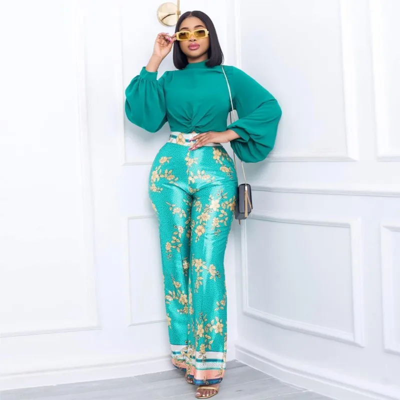 

Two Piece Set Women African Clothes Fashion Solid Long Sleeve Tops Printed High Waist Pants Autumn Winter Party Big Size Suit