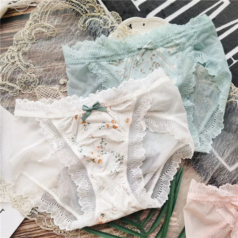 

New Women Cotton Underwear Sexy Lace Panties Fashion Ice Silk Briefs Low Waist Seamless Bow Underpants Female Sexy Lingerie