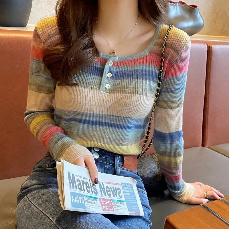 

Office Lady Patchwork Stripe Knitwear Sweater Women's Commuter Long Sleeve Colorblock Pattern Pullover Lapel Sweater Jumper Tops