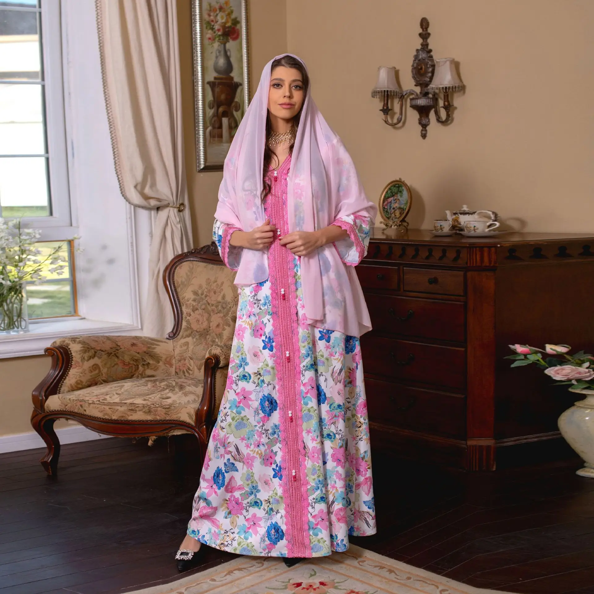 Eid Pink Embroidered Satin Dresses Muslim Long Sleeve Maxi Abaya Dubai Turkey Fashion Floral Print Jalabiya with Hijab