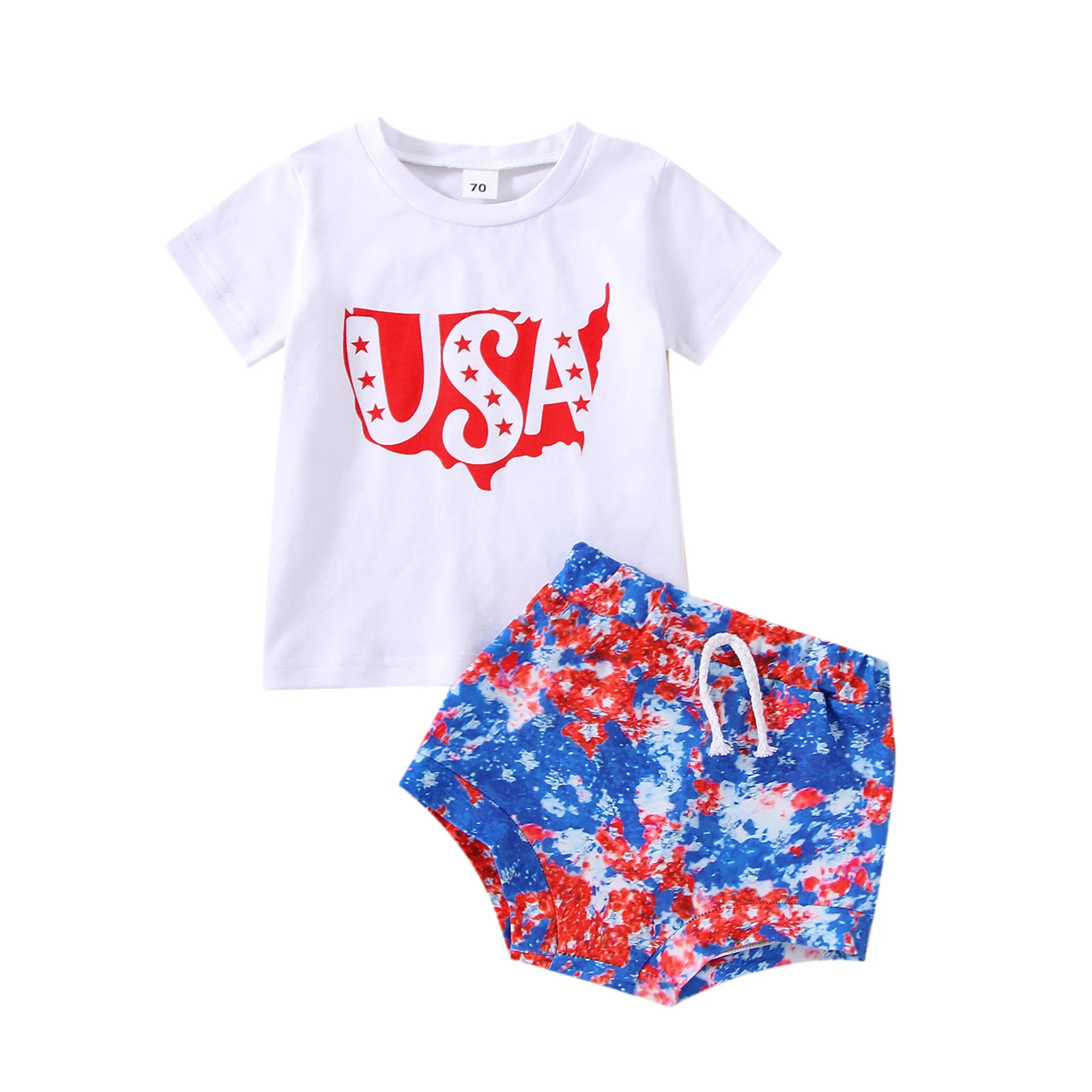 

2022-04-23 Lioraitiin 0-24M Baby Boy Girl 2Pcs Independence Day Letter Star Print Round Neck Short Sleeve Tops+ Tie-Dyed Shorts