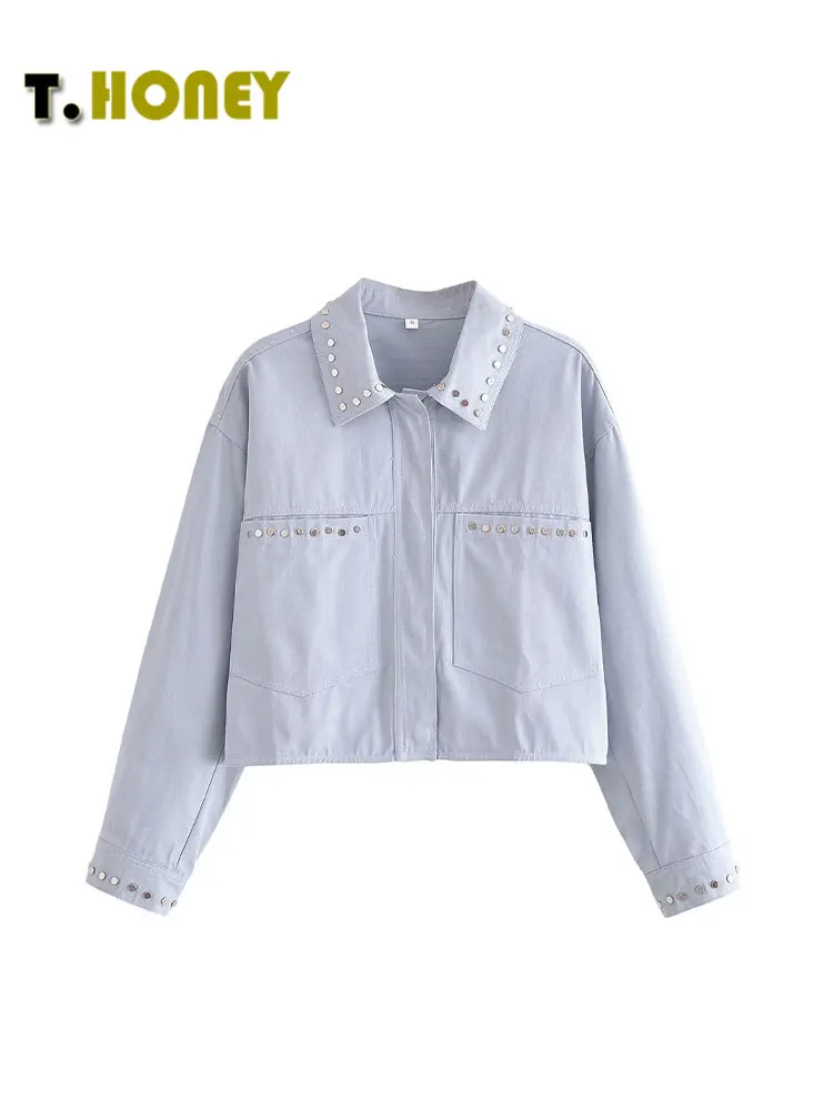 

TELLHONEY Women Fashion Lapel Collar Single Breasted Outfits Female Casual Long Sleeves Rivet Decoration Crop Coat