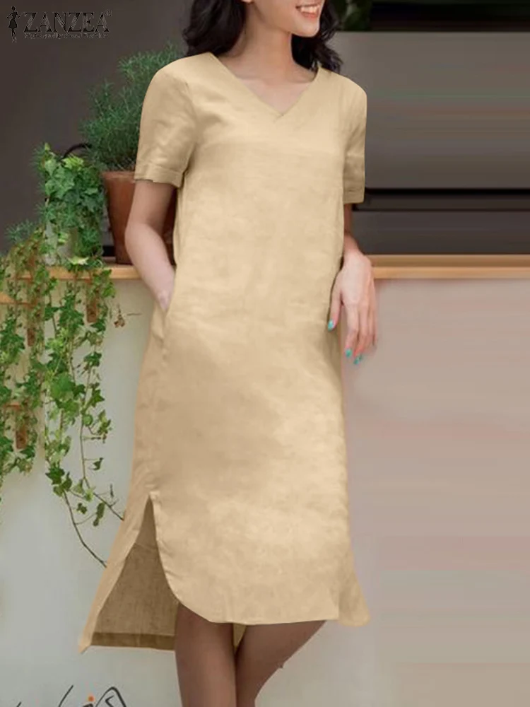 

ZANZEA Stylish Summer Women Elegant V Neck Short Sleeve Sundress Loose Split Hem Midi Vestido 2023 Casual Solid Dress Robe Femme