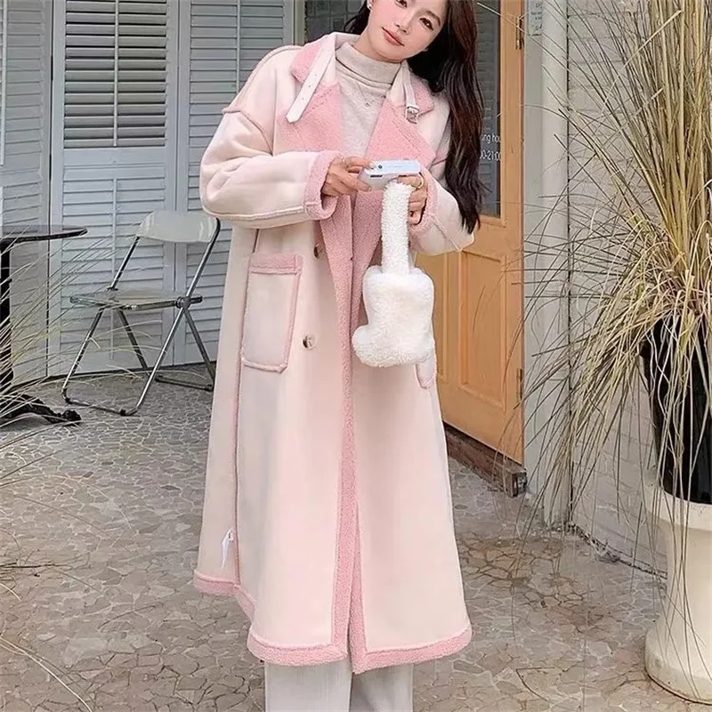 

Зимнее розовое меховое цельное двухстороннее пальто из овечьей шерсти для женской одежды 2023 зимние утолщенные Теплые Длинные куртки из овечьей шерсти 114