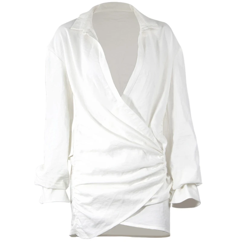 

Women Long Sleeve Lapel Deep V-Neck Mini Shirt Dress Cross Wrap Linen Blouse U4LF