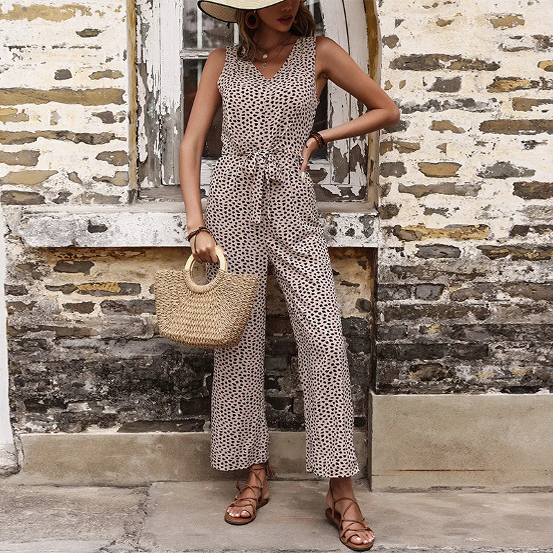 Summer European and American Fashion Prints Sleeveless Leopard V-neck Jumpsuit with Lace Up Black Khaki Straight Jumpsuits