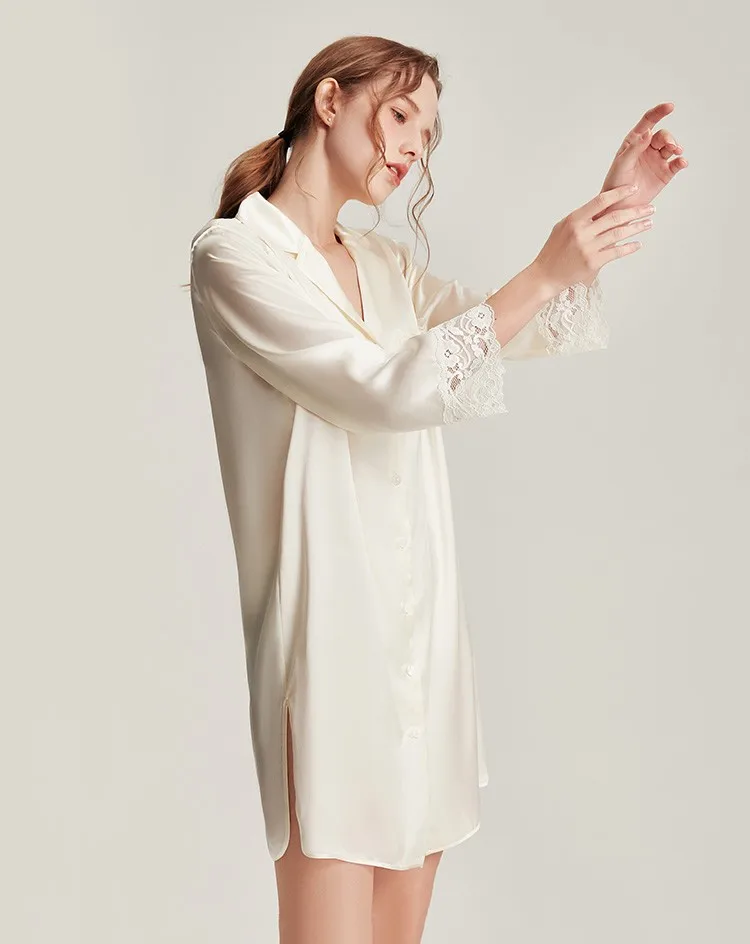

2022 New Silk Pajamas Women's Long Sleeve Shirt Pajama Dress Silk Home Wear Lace High Class Sleepcoat Dress