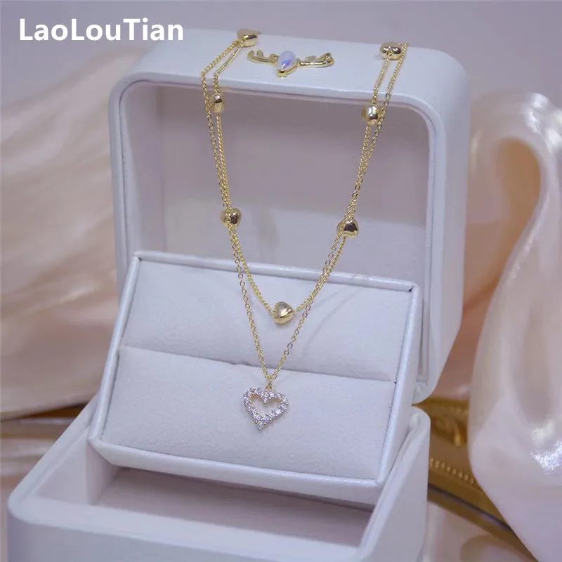 

Double Layer Heart Necklace Shining Bling AAA Zircon Women Clavicle Chain Elegant Charm Wedding Pendant Jewelry Gift