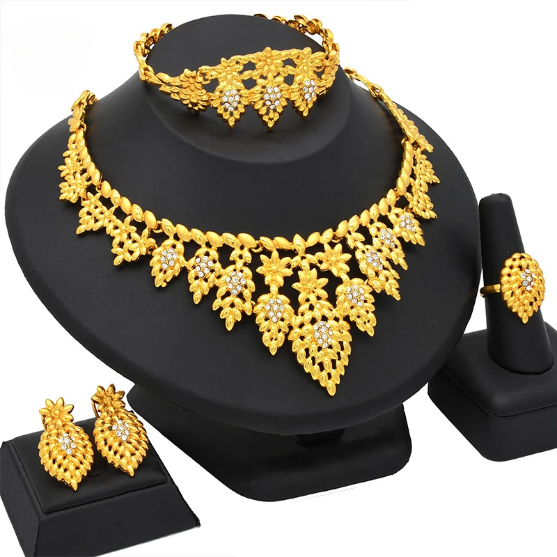 

African Round Necklace Bracelets Earing Ring Sets Nigerian Jewelry Set Ethiopian Dubai Gold Color Jewellery Set Party Gifts