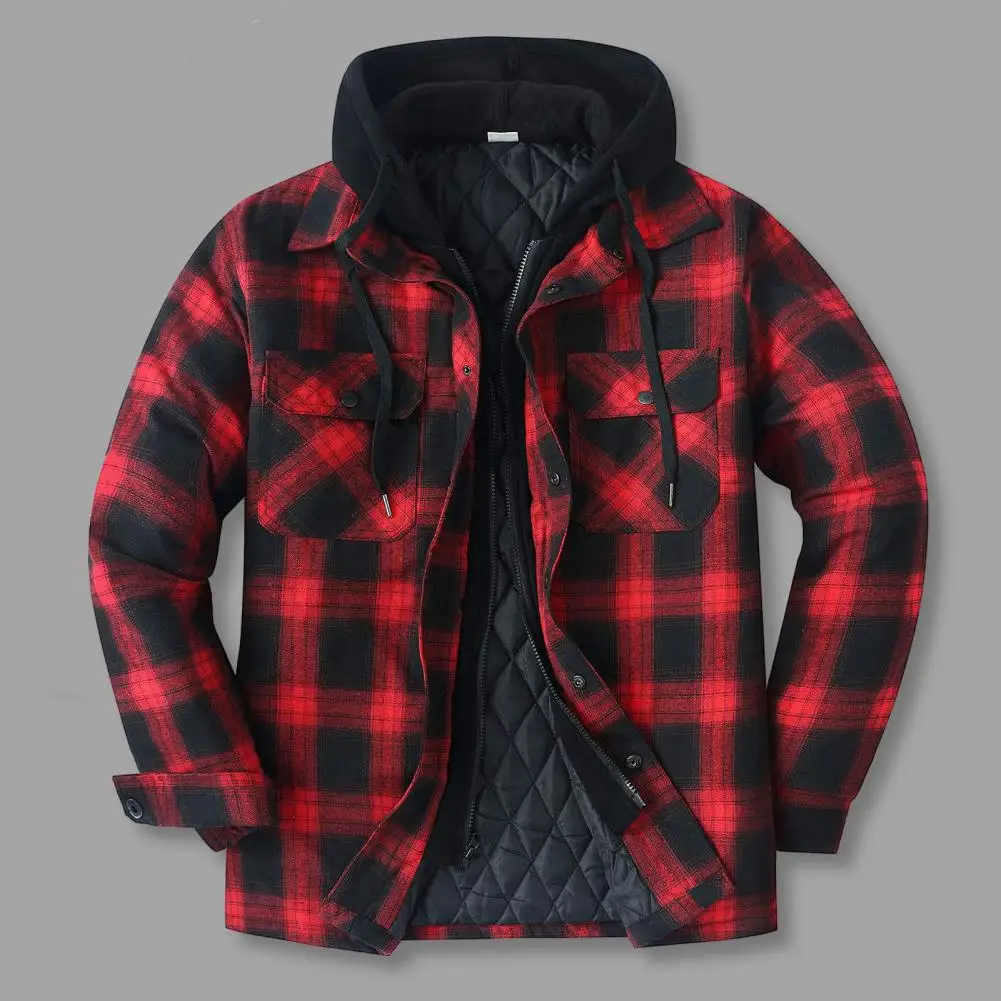 

Men Winter Coat Plaid Print Hooded Men's Winter Jacket with Drawstring Pockets Zipper Closure Stylish Warm Versatile Hooded
