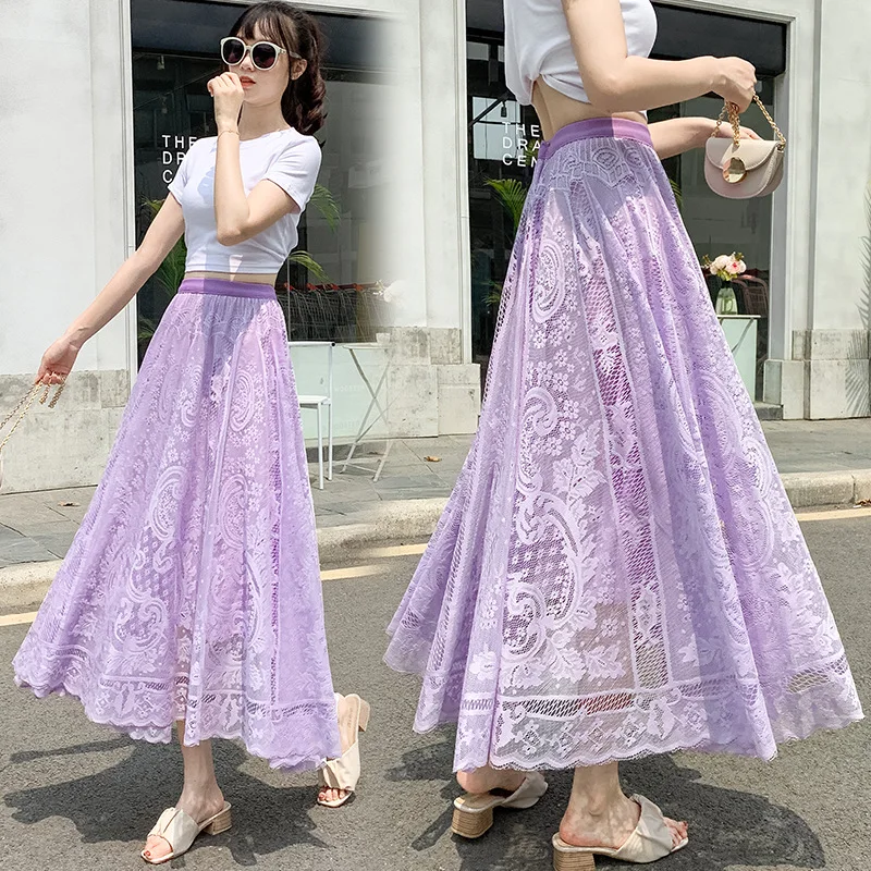 Lace Midi Skirt Woman Solid Color Hollow Out Maxi Long Black Skirts Womens Pleated Korean High Waist Jupe Saias Lining