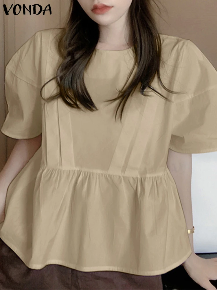 

VONDA Fashion Summer Women Casual Polyester Pleated Blouses Loose Chemise Stylish Short Puff Sleeve Party Blusa Tops Oversized