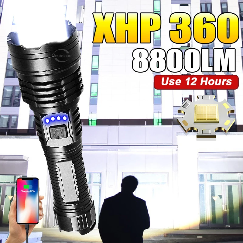 

2023 XHP360 LED Ultra Powerful Flashlight 18650 26650 USB Rechargeable High Power Tactical Flashlights Telescopic Zoom Lantern