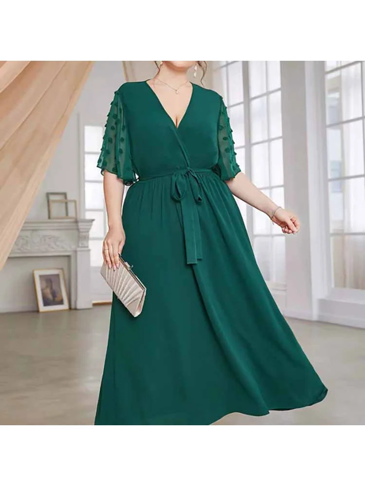 Dot simple skirt elastic waist print dress large size women temperament plus size  v neck dress