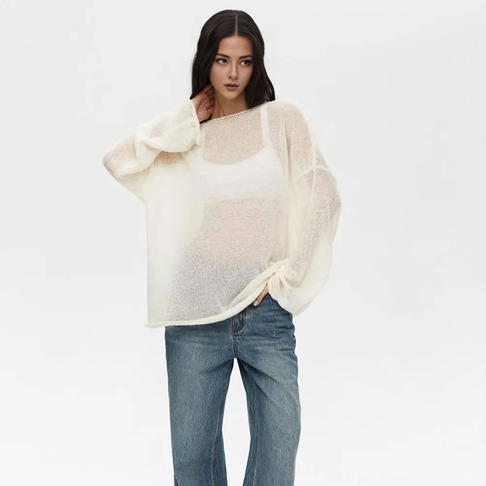 Вязаная футболка стильная женская вязаная с расклешенными рукавами и круглым