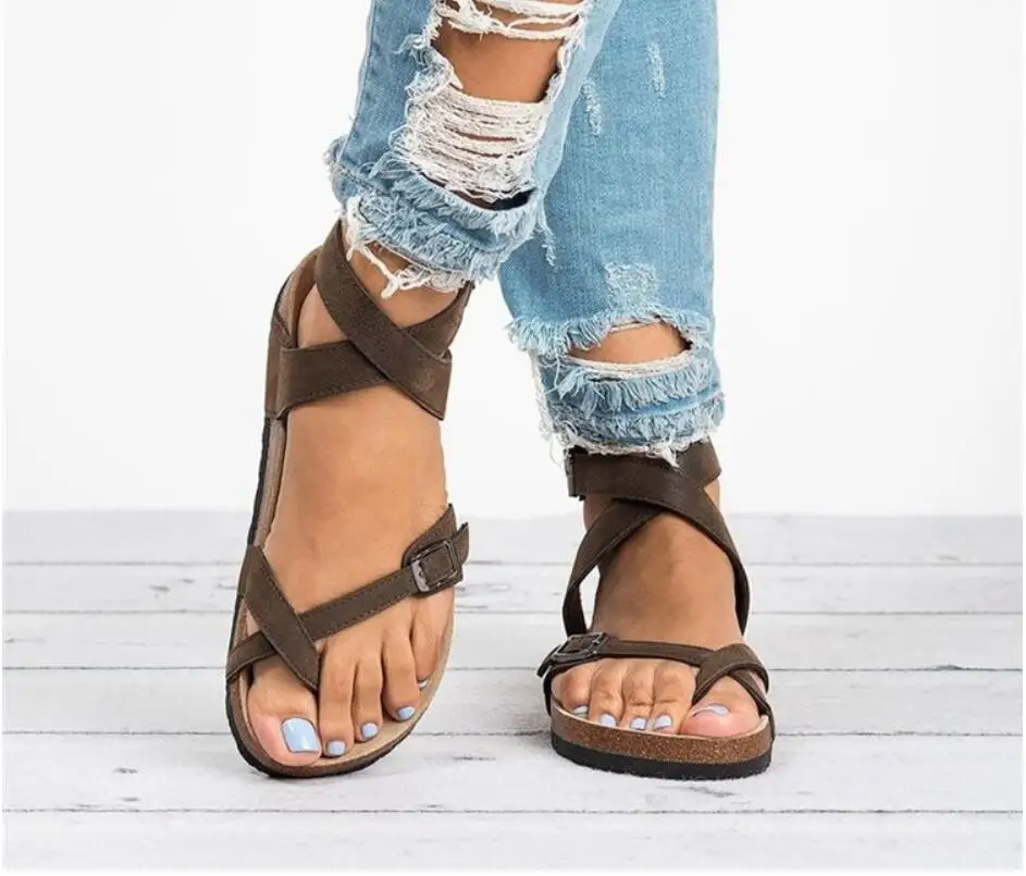 Women's sandals sandals new women's summer belt buckle sandals to increase size 43 leather flat sandals female trigger leisure b