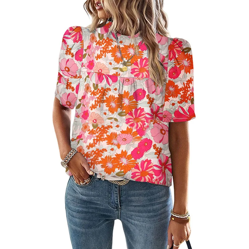 

Women's T-Shirt Casual floral print bubble sleeve pullover