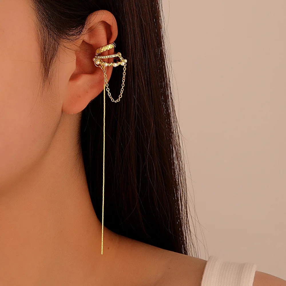 

Fashion Multi-Layer Geometric Clip Earrings Ear Cuff For Women Shiny Zircon Pearl Ear Bone No Pierced Long Chain Tassel Earring