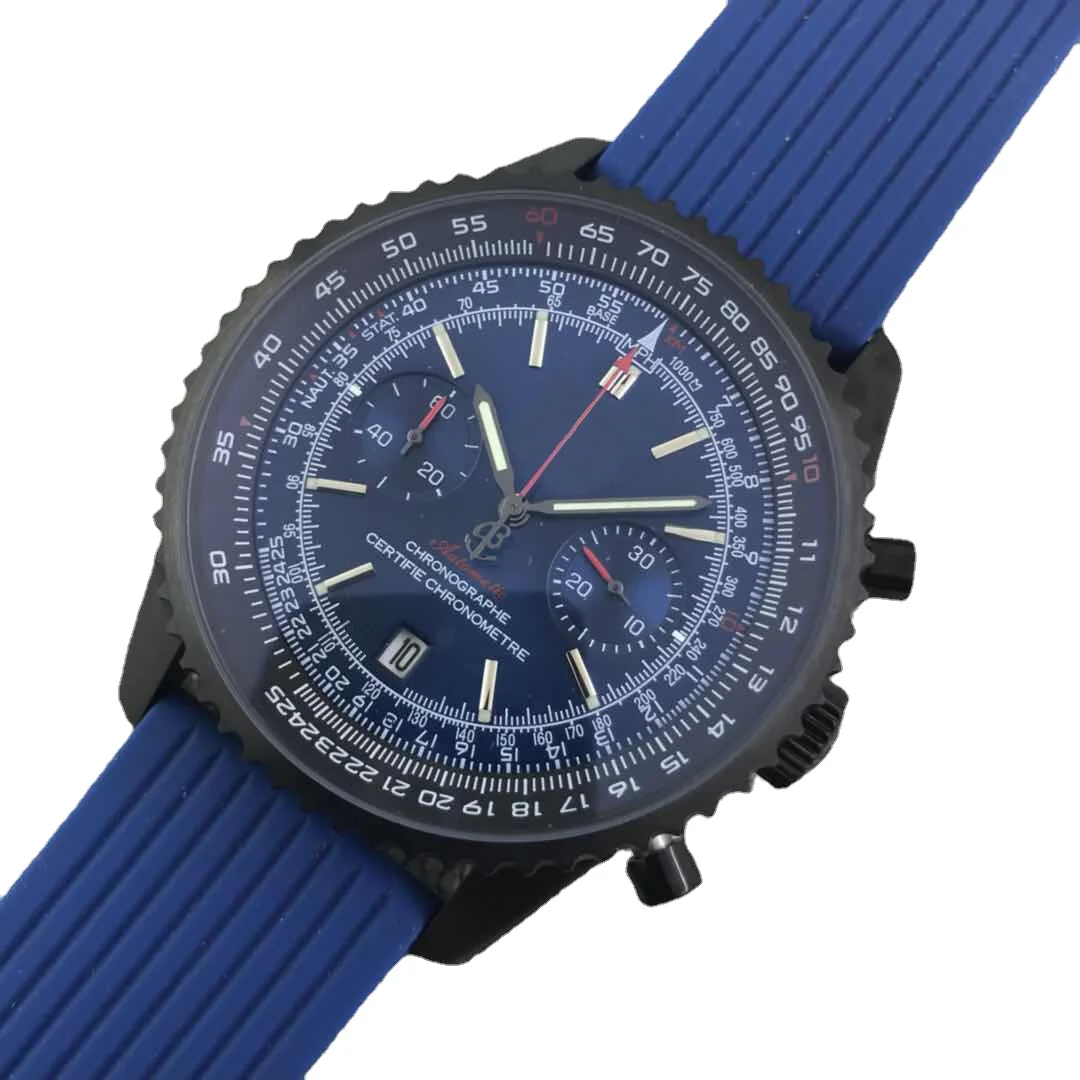 

mens quartz watch chronograph Silver black blue rubber