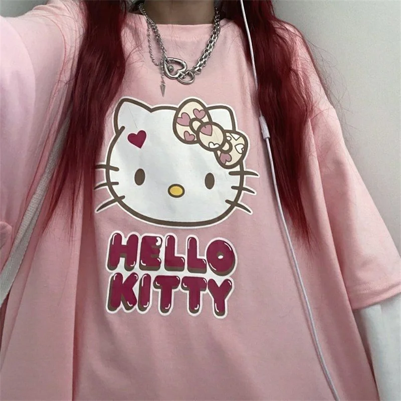 

Рубашка Sanrio Женская с длинным рукавом, милая уличная модная одежда в стиле оверсайз, Повседневный пуловер в Корейском стиле, топы, Hello Kitty