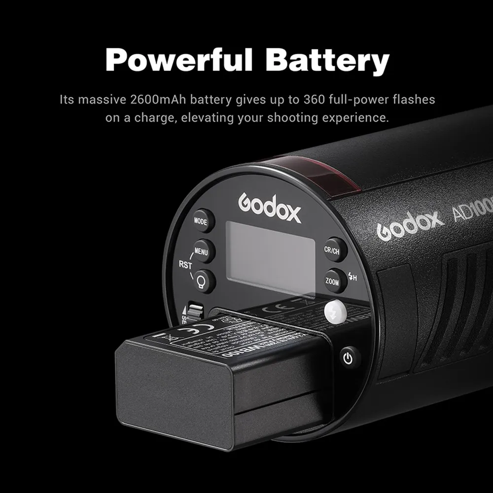 Фотовспышка Godox AD100Pro TTL 2.4G HSS 18000s с литиевой батареей 7.2В2600мАч, 360 полномощных вспышек, 0.01-1.5с, 100 Вт (art.: 3920dbd013ca3) - 3920dbd013ca3