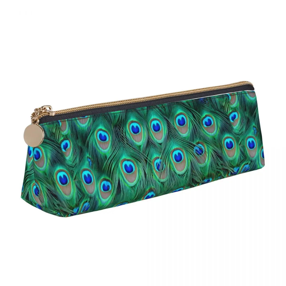

Fancy Peacock Feathers Leather Pencil Case Animal Print Back to School Teenager Zipper Pencil Box Retro Large Triangle Pen Pouch