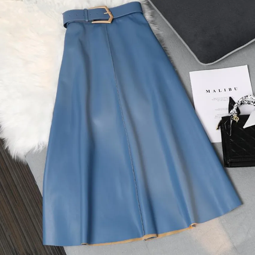 

Classic Faux PU Leather Long Skirts with Belted Fashion New High Waist Umbrella A-line Ladies Autumn Winter