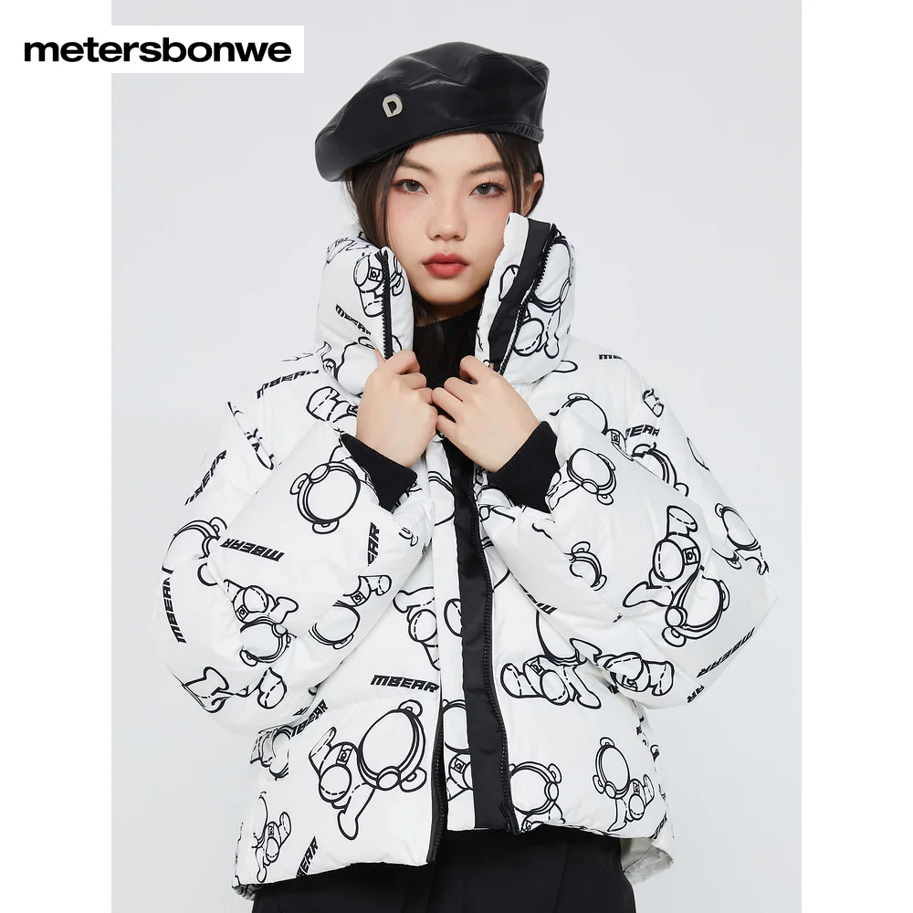 Metersbonwe Women's 22New Winter Full Cartoon Print Down Jacket 80% Duck Down Thick Short Warm Wear Stand Collar Loose Outwear