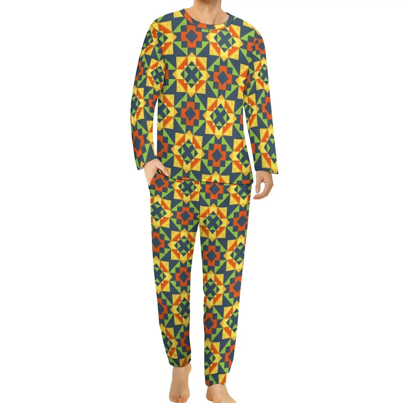 Vintage Geo Print Pajamas Daily 2 Piece Design Square Cute Pajama Sets Man Long Sleeves Sleep Pattern Nightwear Big Size 4XL 5XL