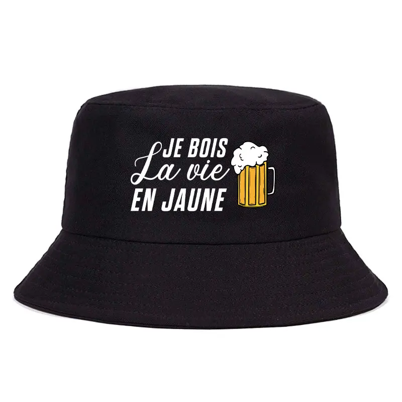 

La Vie, Je Bois En Jaune Autumn Bucket Hat Man Summer Cool Cotton Fisherman Cap Unisex Adult Solid Colors Double Side Bob