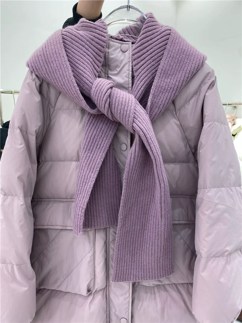 New Women's Long Fake Two Piece Down Jacket Coat, Detachable Knitting Hooded Large Loose White Duck Down Winter Women's Jacket