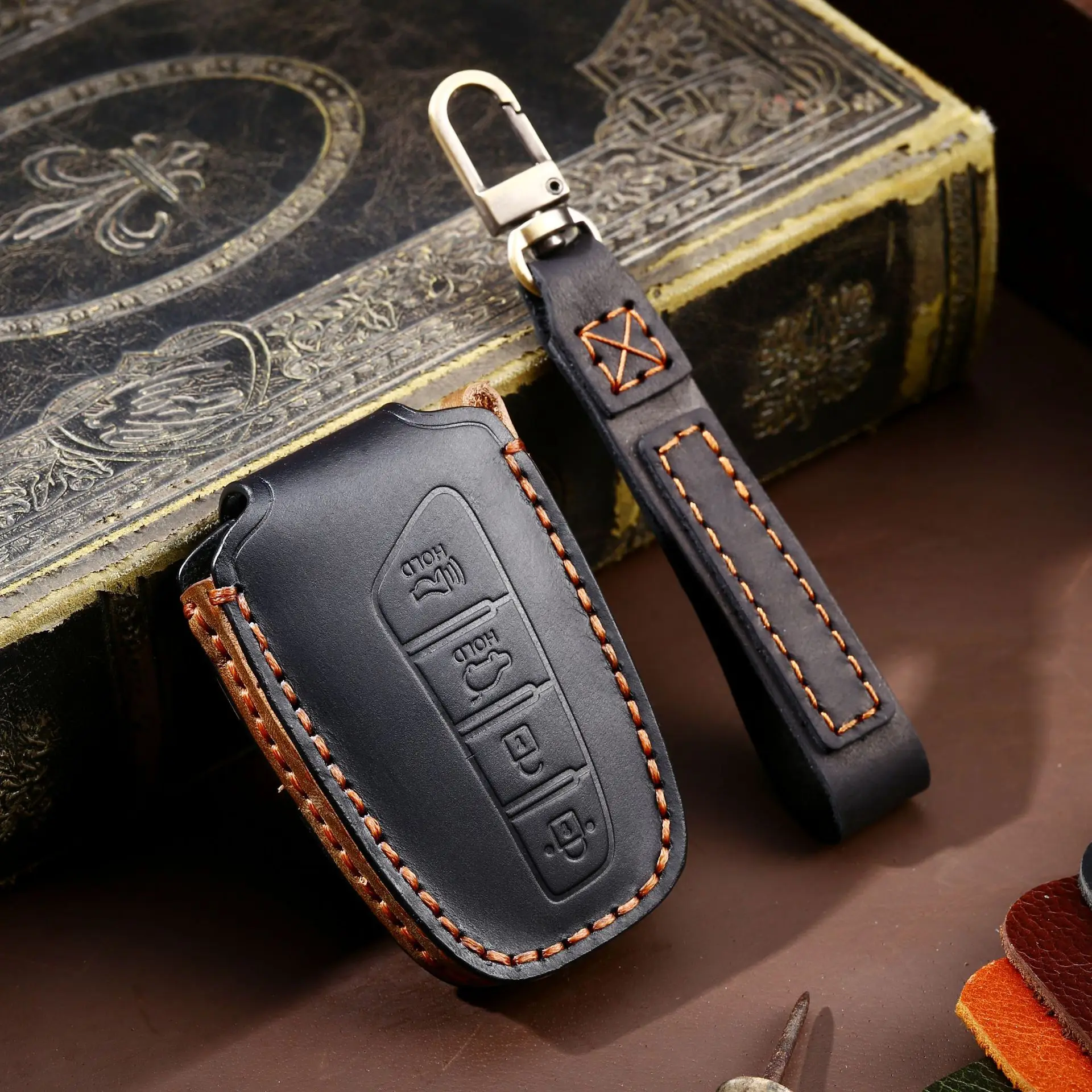 

Luxury Leather Car Key Case Cover Fob Accessories for Hyundai Tucson Santa Fe Genesis Coupe Sonata Equus Azera Keychain Holder